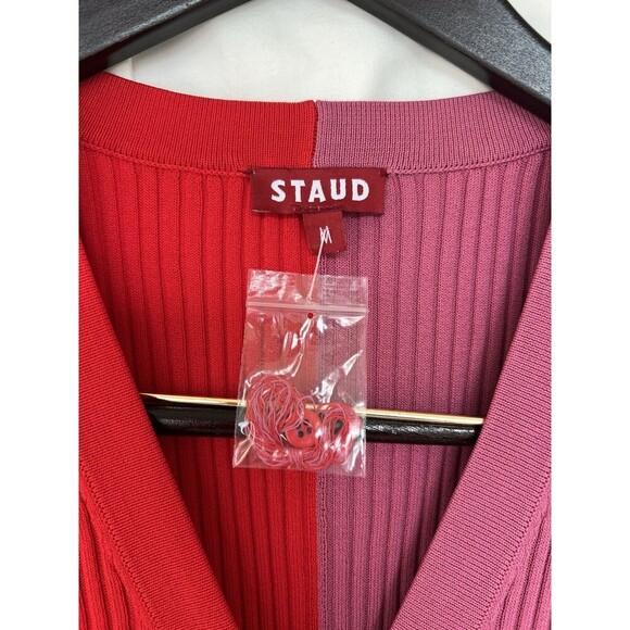 STAUD Shoko Colorblock Lurex Ribbed Long Sleeve Sweater Dress Medium Lava Peony - Picture 9 of 10